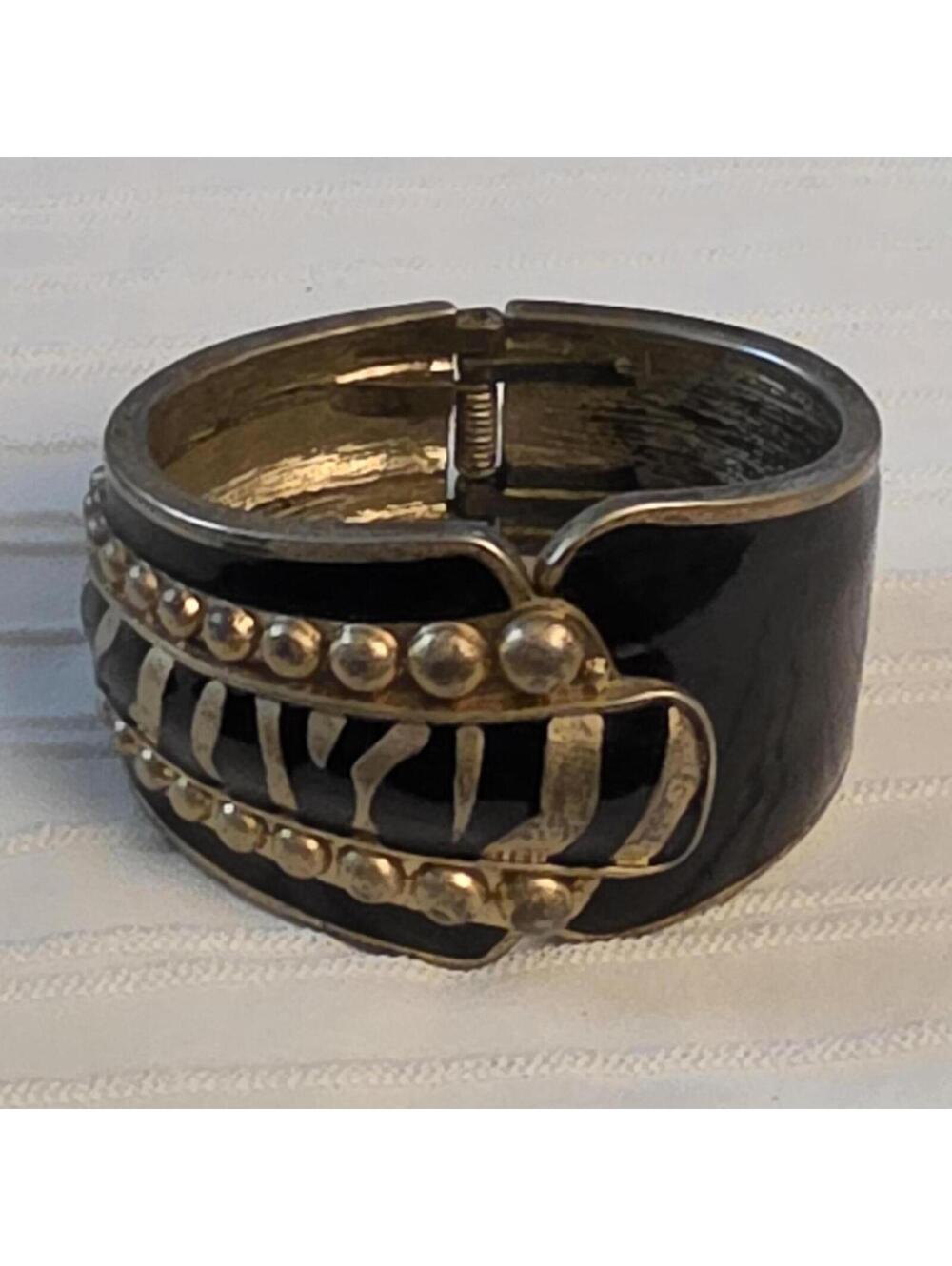 vintage Black and gold zebra print cuff bracelet clamper with studs 7"